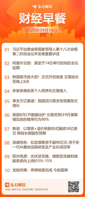 东方财富财经早餐 9月14日周一